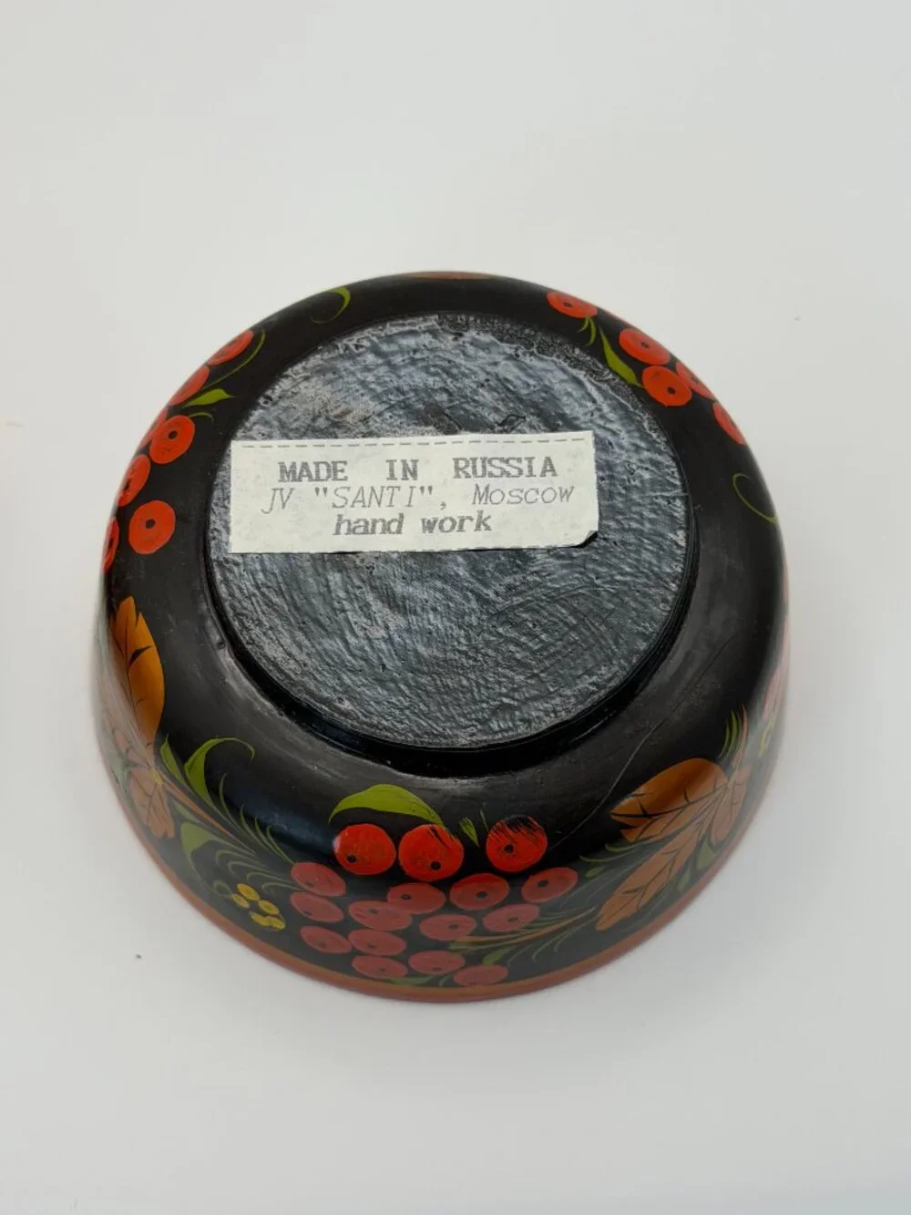 Vintage Russian Khokhloma Hand Painted Wooden Lidded Bowl Folk Art Black Red
